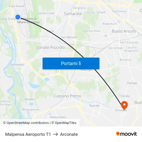 Malpensa Aeroporto T1 to Arconate map