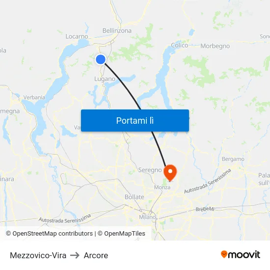 Mezzovico-Vira to Arcore map