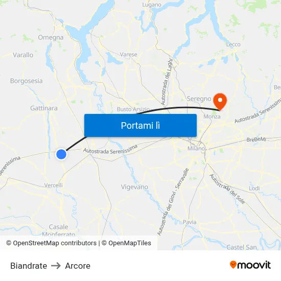 Biandrate to Arcore map
