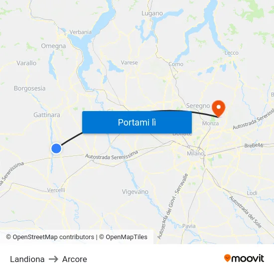 Landiona to Arcore map