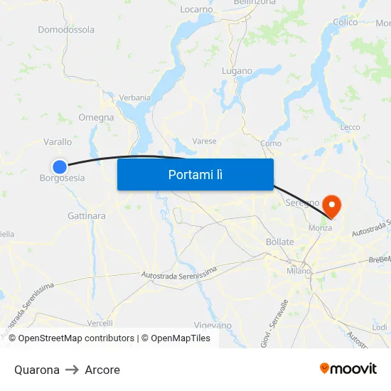 Quarona to Arcore map