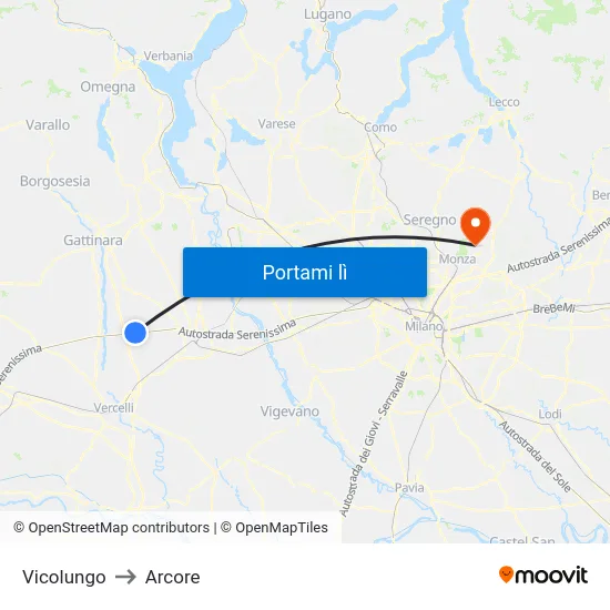 Vicolungo to Arcore map