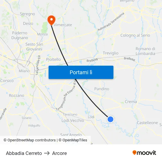 Abbadia Cerreto to Arcore map