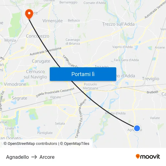 Agnadello to Arcore map