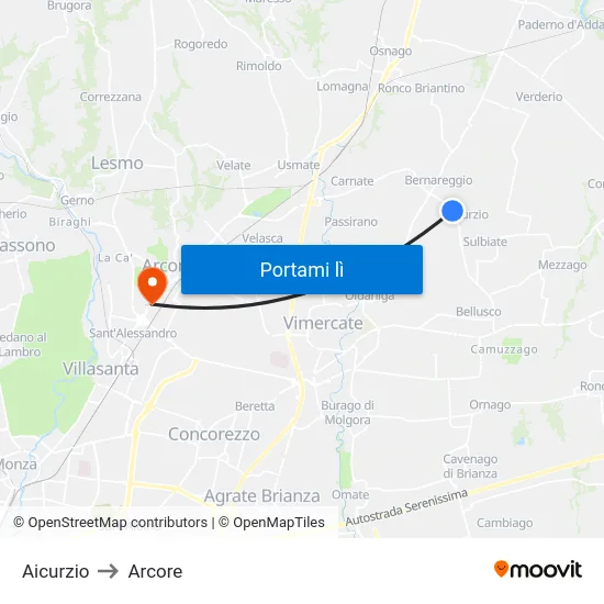 Aicurzio to Arcore map