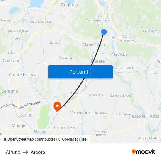 Airuno to Arcore map