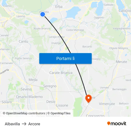 Albavilla to Arcore map