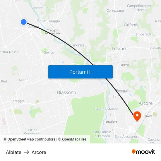 Albiate to Arcore map