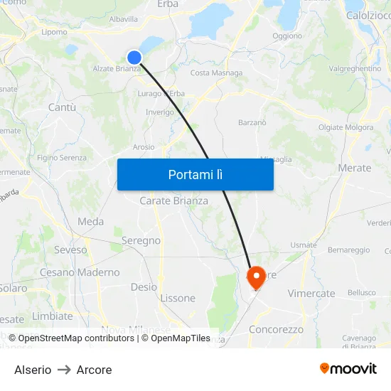 Alserio to Arcore map