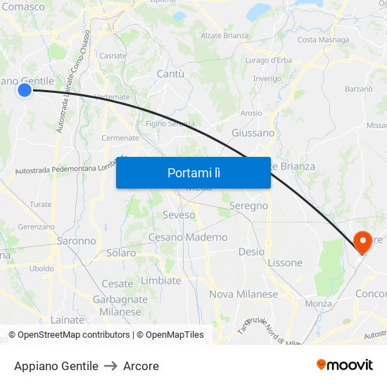 Appiano Gentile to Arcore map