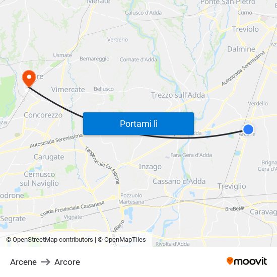 Arcene to Arcore map