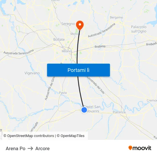 Arena Po to Arcore map