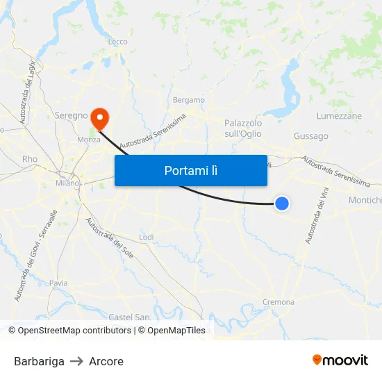 Barbariga to Arcore map