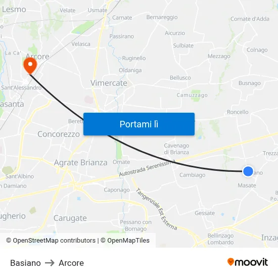Basiano to Arcore map