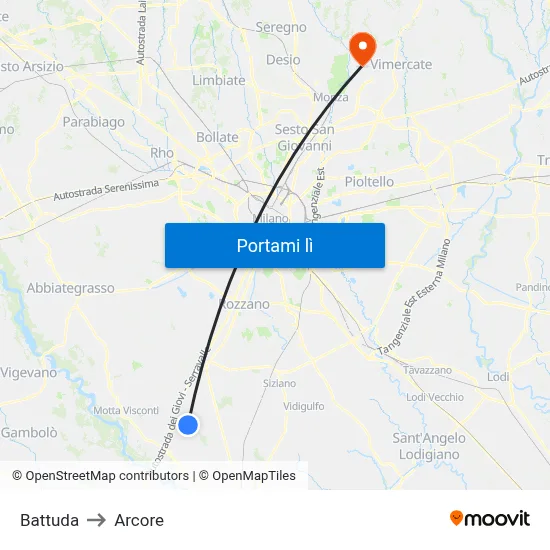 Battuda to Arcore map