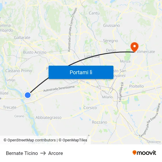 Bernate Ticino to Arcore map