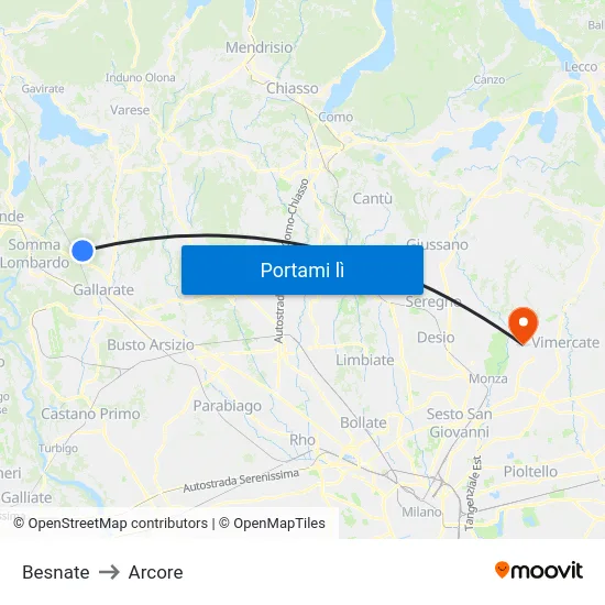 Besnate to Arcore map