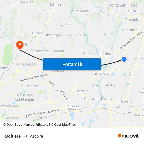 Boltiere to Arcore map