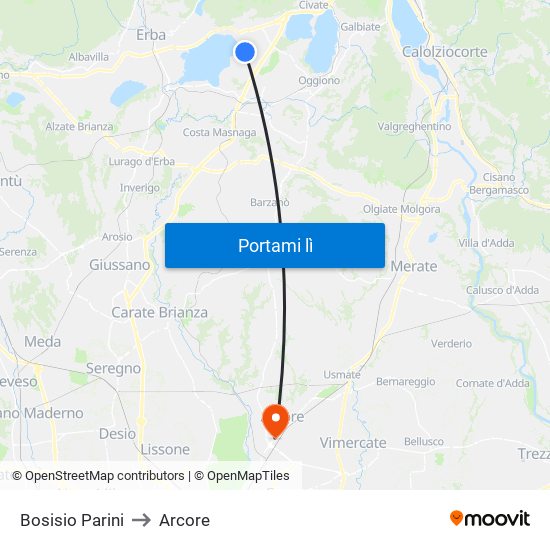 Bosisio Parini to Arcore map