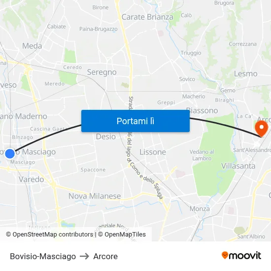 Bovisio-Masciago to Arcore map