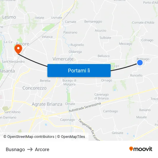 Busnago to Arcore map