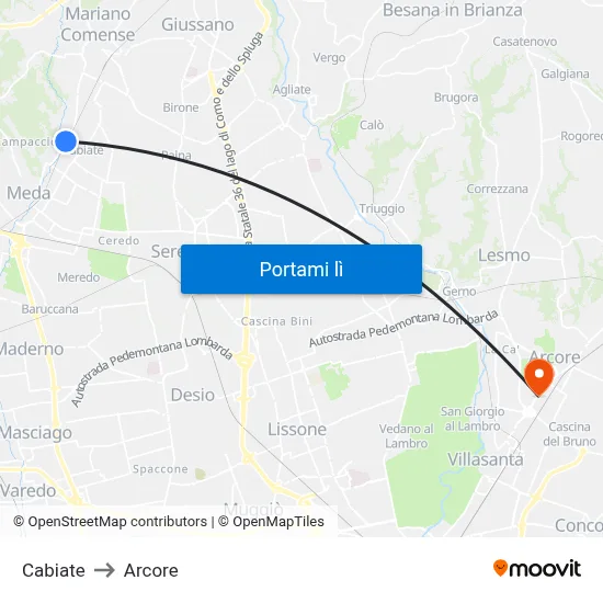 Cabiate to Arcore map