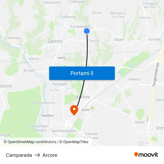 Camparada to Arcore map