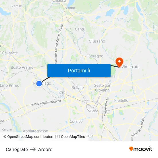 Canegrate to Arcore map