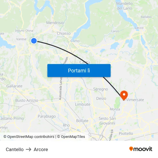 Cantello to Arcore map