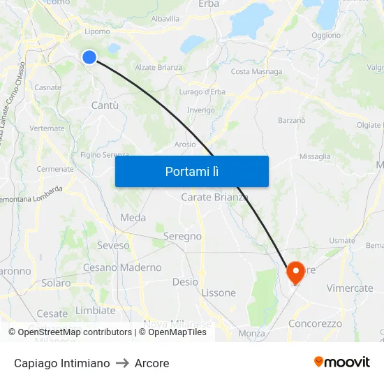 Capiago Intimiano to Arcore map