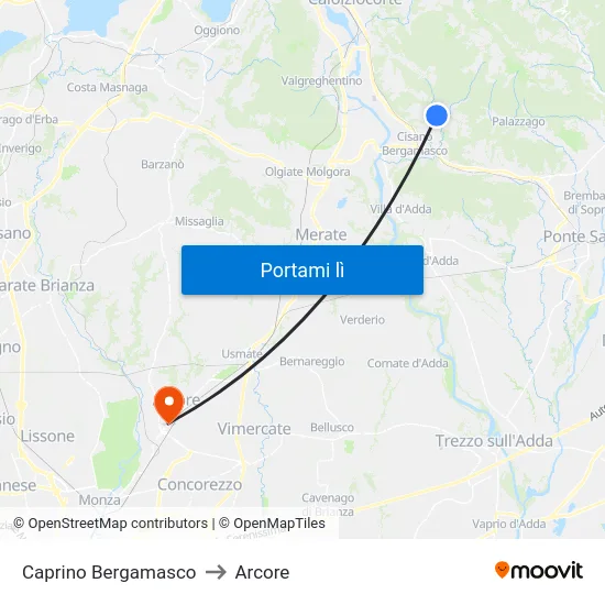 Caprino Bergamasco to Arcore map
