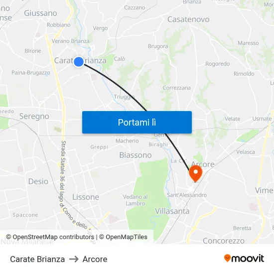 Carate Brianza to Arcore map