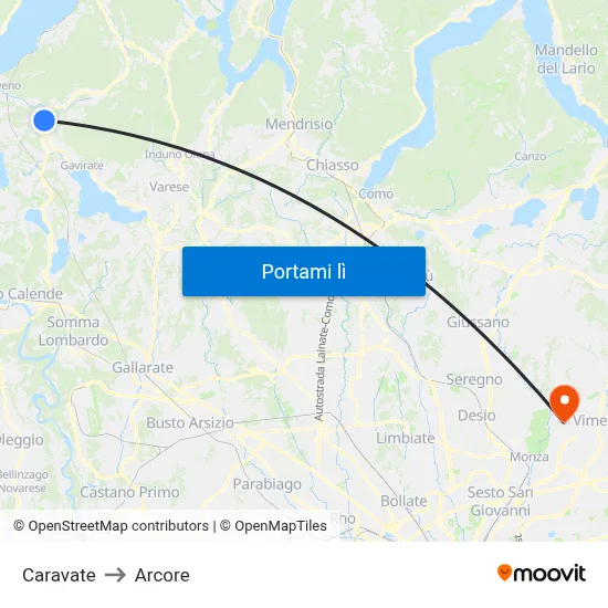 Caravate to Arcore map