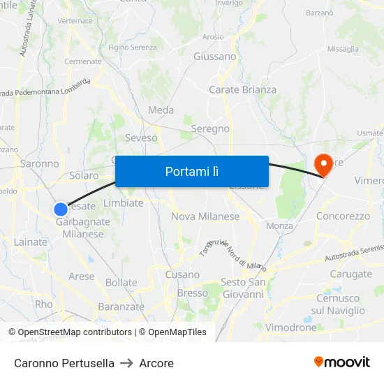 Caronno Pertusella to Arcore map