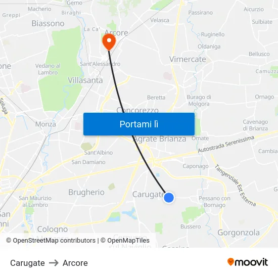 Carugate to Arcore map