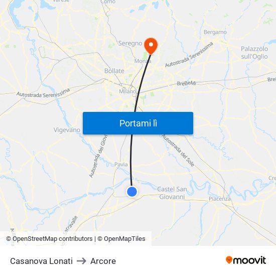 Casanova Lonati to Arcore map