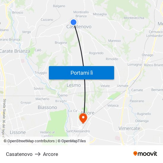 Casatenovo to Arcore map