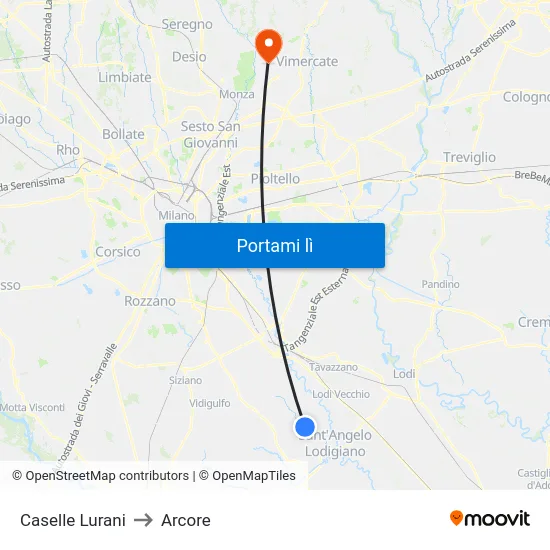 Caselle Lurani to Arcore map