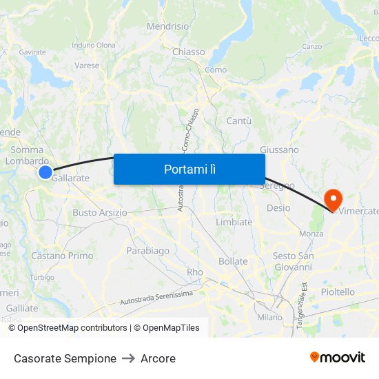 Casorate Sempione to Arcore map
