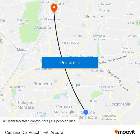 Cassina De' Pecchi to Arcore map