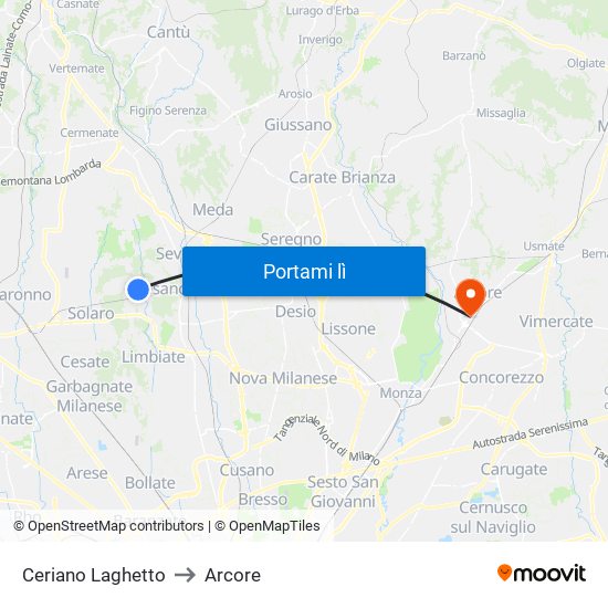Ceriano Laghetto to Arcore map