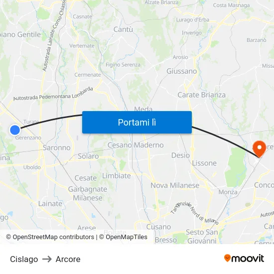 Cislago to Arcore map