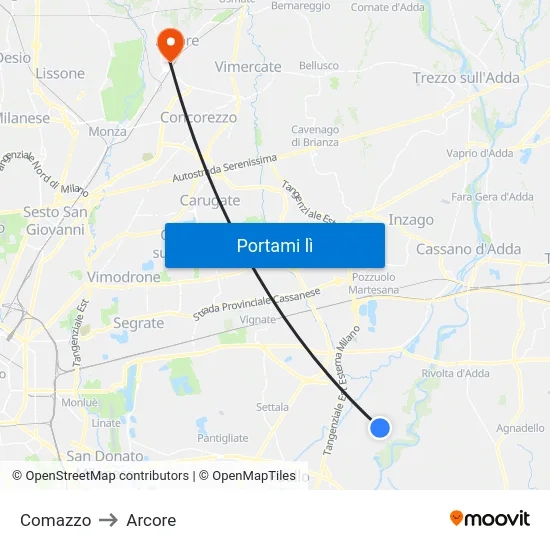 Comazzo to Arcore map