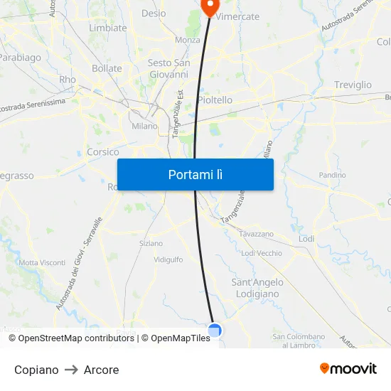 Copiano to Arcore map