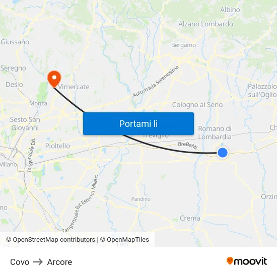 Covo to Arcore map