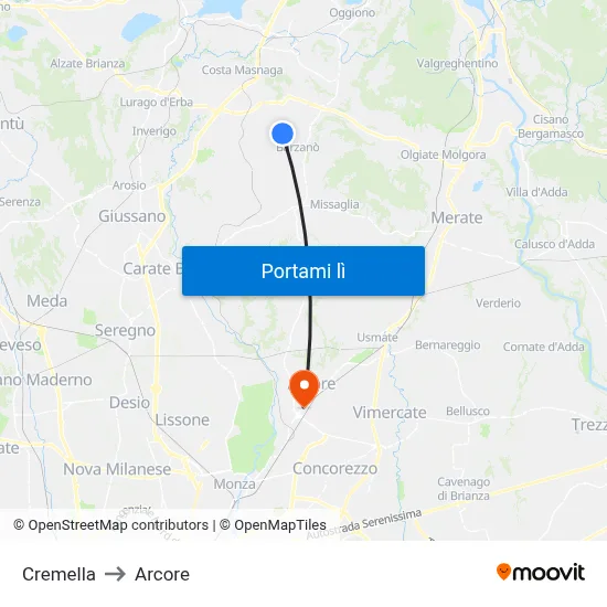 Cremella to Arcore map