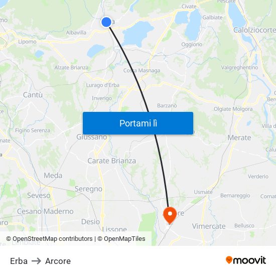 Erba to Arcore map