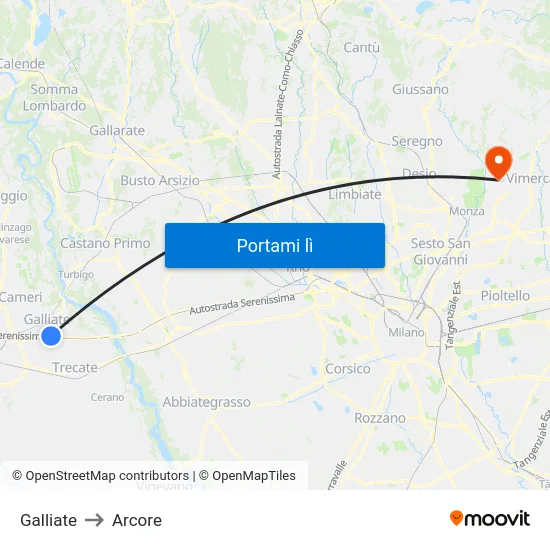 Galliate to Arcore map