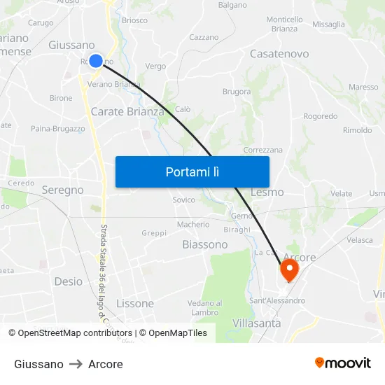 Giussano to Arcore map