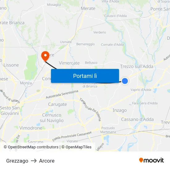 Grezzago to Arcore map